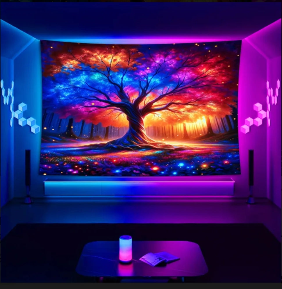Magic Life Tree UV Glow Tapestry – Neon Fluorescent Wall Art Decor