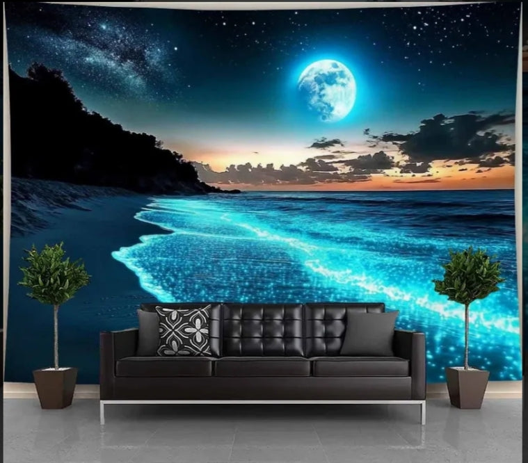 Glowing Ocean Beach Moon & Stars 2D Polyester Tapestry – Large HD Wall Hanging