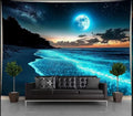 Glowing Ocean Beach Moon & Stars 2D Polyester Tapestry – Large HD Wall Hanging