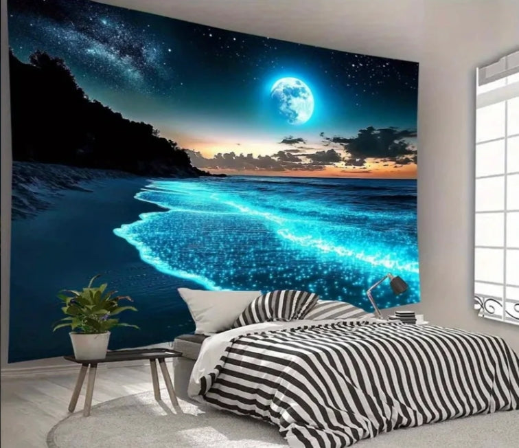 Glowing Ocean Beach Moon & Stars 2D Polyester Tapestry – Large HD Wall Hanging