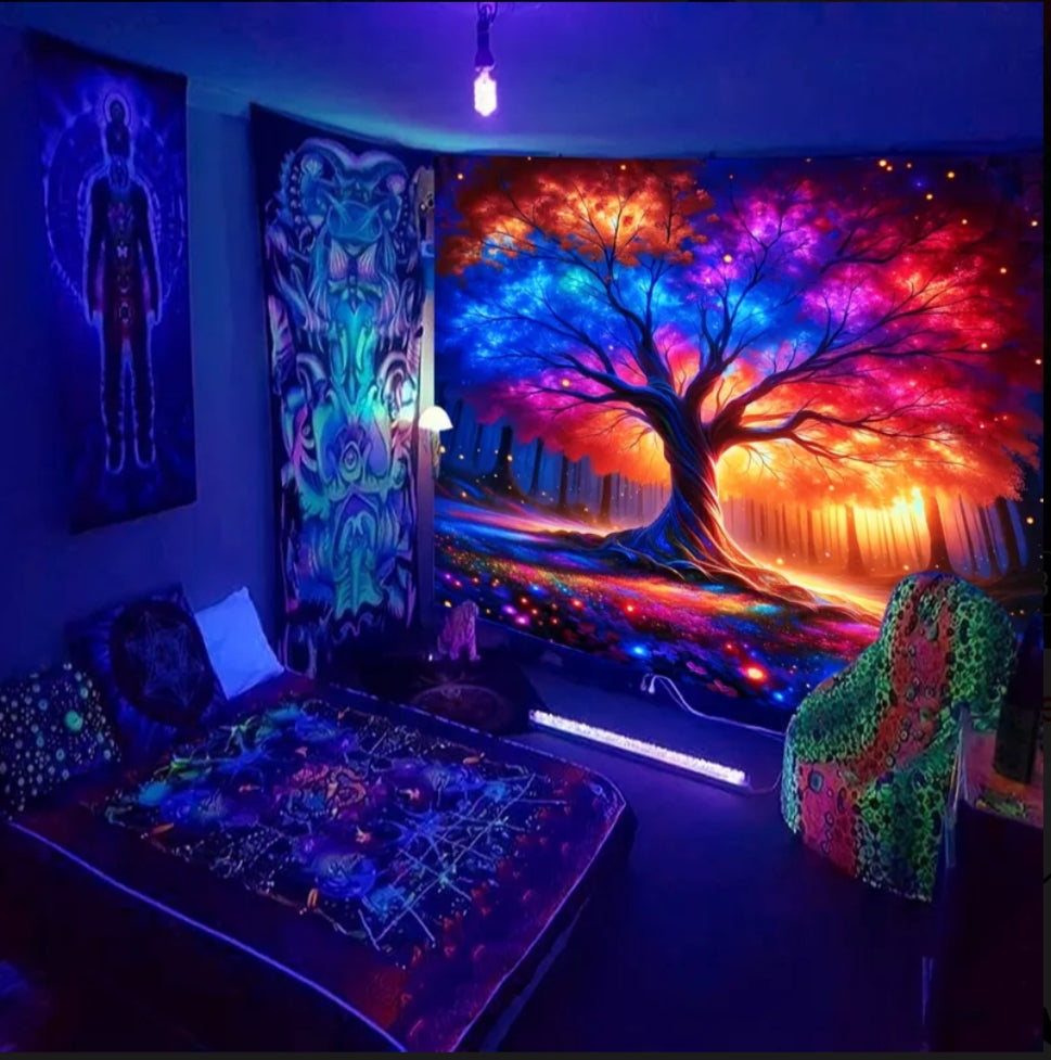 Magic Life Tree UV Glow Tapestry – Neon Fluorescent Wall Art Decor